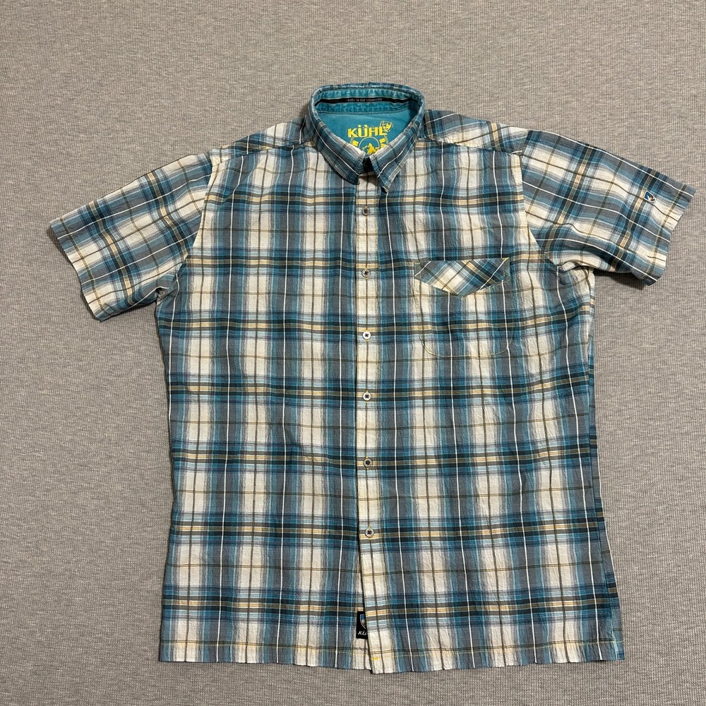 KUHL Mens Blue Plaid Short Sleeve Button Down Shirt Large Hiking Outdoor Casual